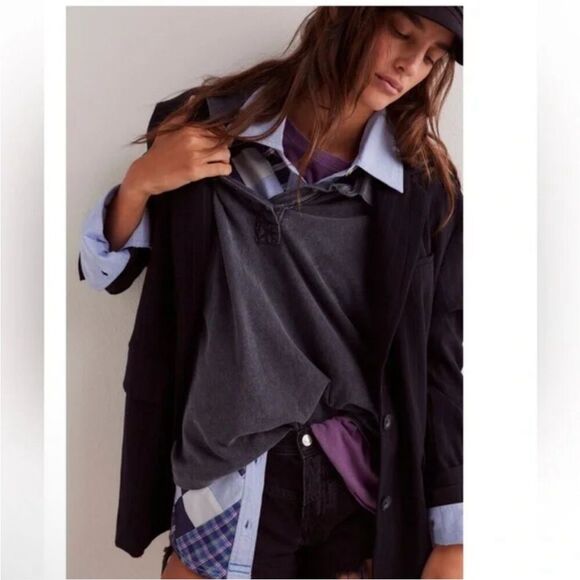 Free People We The Free Argyle Plaid Shirt Oversized Preppy Button size medium - Picture 4 of 9